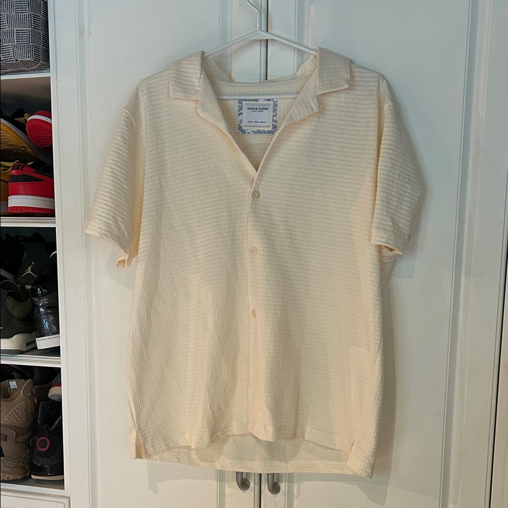 NEW! Denim & Flower Men's Cream Button Down Shirt XL waffle material!